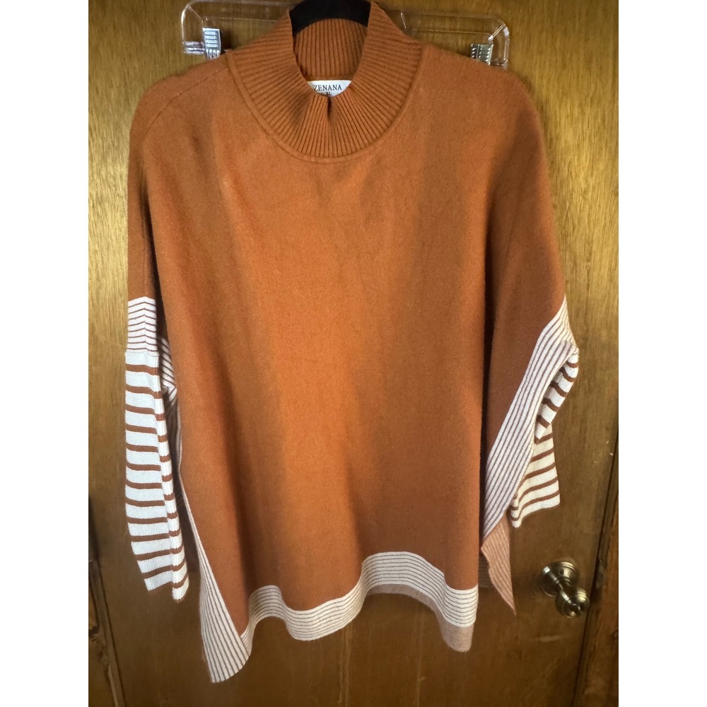 Zenana Rust Orange Striped Mock Neck Poncho Sweater XL TW-2014C5